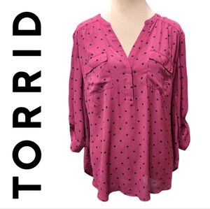 Torrid Polka Dot Blouse Pink Black Roll Tab Sleeve Pullover Top Plus Size 2X
